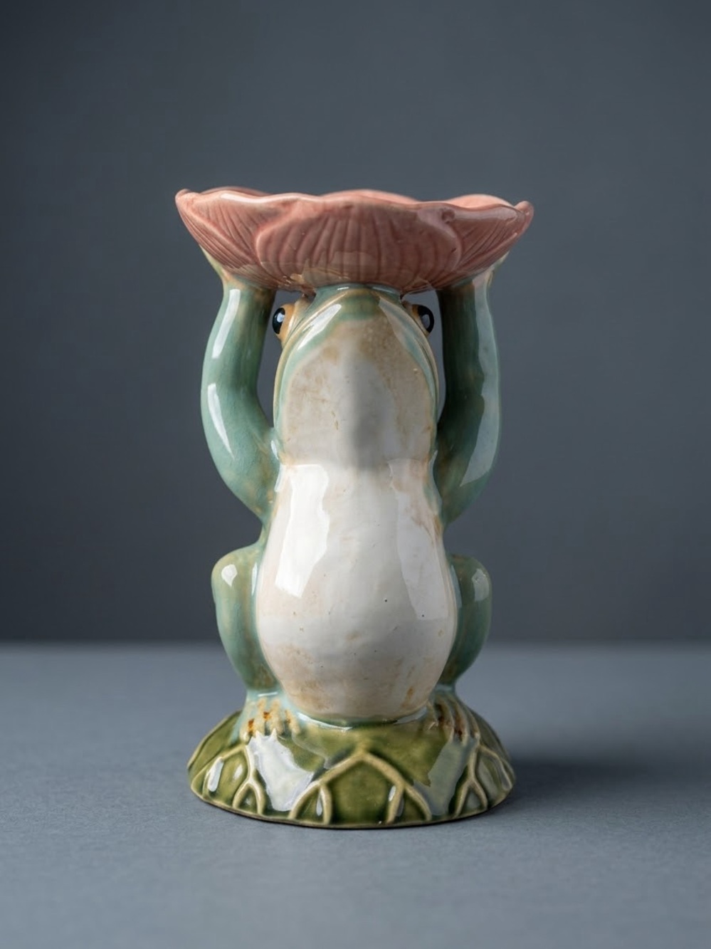 Vtg Majolica Ceramic Frog Candle Holder Plant Stand